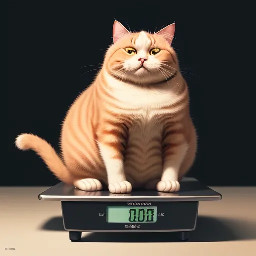 Make a picture of a happy fat cat weighing itself on a scale.