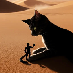 create an image of a stickman with a cat in a dusty desert