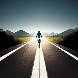 Flat vector illustration of a straight road/track stretching into the distance for a VR headeset effect, minimal style, simple color palette, no people, game HUD background style. Two avatar cyclers on the track: "You" avatar (front-facing simple cycler silhouette, positioned center-lower on the road) "Ghost (Your Best)" avatar — a semi-transparent/outlined cycler silhouette slightly ahead, labeled "Ghost — Your Best Time". horizontal image