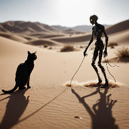 create an image of a stickman with a cat in a dusty desert