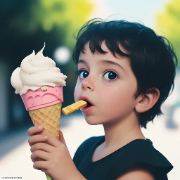 una nena andando en bico y comiendo una helado. estilo animado para niños fondo blanco