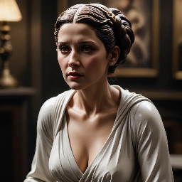 la resine statue della principessa leia in un negozio di fumetti, vestita come una cortigiana, scollatura, spacco tacchi