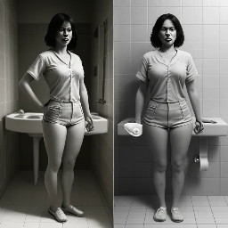 I need a picture of two people side-by-side, each standing on a bathroom scale, one being content and the other being furious.