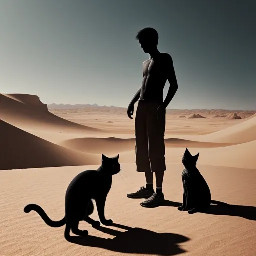 create an image of a stickman with a cat in a dusty desert