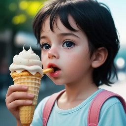 una nena andando en bico y comiendo una helado. estilo animado para niños fondo blanco