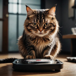 Make a picture of a very angry cat weighing itself on a scale.