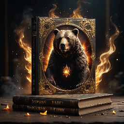 epic fantasy book category cover, dark mystical background with rising golden ashes and glowing embers, three floating ornate books with magical auras, one with broken crown symbol, one with bear silhouette, one with bear in judgment pose, dramatic rim lighting, golden particles floating upward, dark color palette with gold accents, cinematic composition, highly detailed, 8k, masterpiece, fantasy art