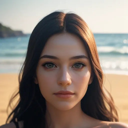 photorealistic instagram model, attractive woman, long hair, symmetrical face, natural skin texture, posing for selfie, soft smile, looking at camera, beach background, golden hour lighting, fashion photography, shallow depth of field, 85mm lens, ultra detailed, high realism, 4k, professional photography