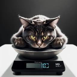 Make a picture of a very angry cat weighing itself on a scale.
