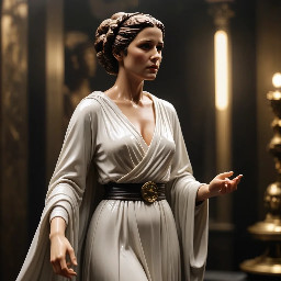 la resine statue della principessa leia in un negozio di fumetti, vestita come una cortigiana, scollatura, spacco tacchi