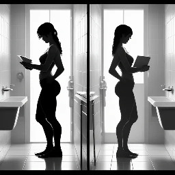 I need a picture of two people side-by-side, each standing on a bathroom scale, one being content and the other being furious.