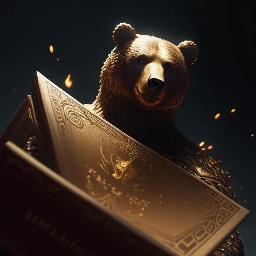 epic fantasy book category cover, dark mystical background with rising golden ashes and glowing embers, three floating ornate books with magical auras, one with broken crown symbol, one with bear silhouette, one with bear in judgment pose, dramatic rim lighting, golden particles floating upward, dark color palette with gold accents, cinematic composition, highly detailed, 8k, masterpiece, fantasy art