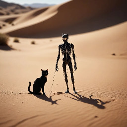 create an image of a stickman with a cat in a dusty desert
