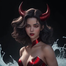 A photorealistic full body portrait of Lily, a Scarlatum woman of striking beauty. She has smooth, flawless crimson skin and deep ruby-red eyes that glow with intensity. Her long, voluminous jet-black curls fall over her shoulders in glossy waves. Two small horns grow vertically from her forehead, black at the tips and dark red at the base, giving her a playful, mischievous expression. Her body is curvy, athletic, and perfectly proportioned, with graceful yet powerful posture. Along both sides of her neck run streams of small, overlapping blue scales, shimmering like flowing water in aquamarine tones. She wears a black uniform adorned with large red, metallic scale plates across the chest and shoulders, reflecting light with a silvery sheen. The lighting is dramatic and warm, emphasizing the contrast between her crimson skin, blue neck scales, and dark hair. The background is subtle and atmospheric, enhancing her commanding, seductive presence.