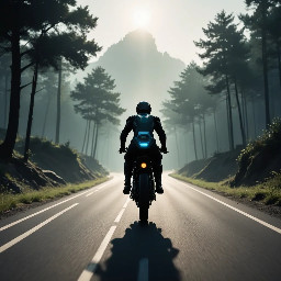 Flat vector illustration of a straight road/track stretching into the distance for a VR headesset effect, minimal style, simple color palette, no people, game HUD background style. Two avatar riders on the track: "You" avatar (front-facing simple rider silhouette, positioned center-lower on the road) "Ghost (Your Best)" avatar — a semi-transparent/outlined rider silhouette slightly ahead, labeled "Ghost — Your Best Time". horizontal image