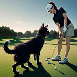Make me a dog and cat playing golf. Photorealistic.