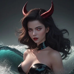 A photorealistic portrait of Lily, a Scarlatum woman of striking beauty. She has smooth, flawless crimson skin and deep ruby-red eyes that glow with intensity. Her long, voluminous jet-black curls fall over her shoulders in glossy waves. Two small horns grow vertically from her forehead, black at the tips and dark red at the base, giving her a playful, mischievous expression. Her body is curvy, athletic, and perfectly proportioned, with graceful yet powerful posture. Along both sides of her neck run streams of small, overlapping blue scales, shimmering like flowing water in aquamarine tones. She wears a black uniform adorned with large red, metallic scale plates across the chest and shoulders, reflecting light with a silvery sheen. The lighting is dramatic and warm, emphasizing the contrast between her crimson skin, blue neck scales, and dark hair. The background is subtle and atmospheric, enhancing her commanding, seductive presence.