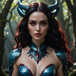 A photorealistic full body portrait of Lily, a Scarlatum woman of striking beauty. She has smooth, flawless crimson skin and deep ruby-red eyes that glow with intensity. Her long, voluminous jet-black curls fall over her shoulders in glossy waves. Two small horns grow vertically from her forehead, black at the tips and dark red at the base, giving her a playful, mischievous expression. Her body is curvy, athletic, and perfectly proportioned, with graceful yet powerful posture. Along both sides of her neck run streams of small, overlapping blue scales, shimmering like flowing water in aquamarine tones. She wears a black uniform adorned with large red, metallic scale plates across the chest and shoulders, reflecting light with a silvery sheen. The lighting is dramatic and warm, emphasizing the contrast between her crimson skin, blue neck scales, and dark hair. The background is subtle and atmospheric, enhancing her commanding, seductive presence.