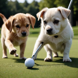 Make me a dog and cat playing golf. Photorealistic.