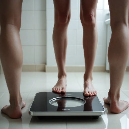 I need a picture of two people side-by-side, each standing on a bathroom scale, one being content and the other being furious.