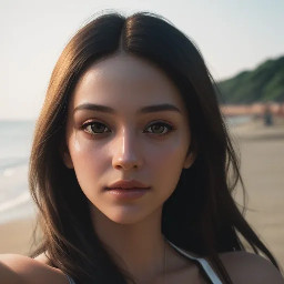 photorealistic instagram model, attractive woman, long hair, symmetrical face, natural skin texture, posing for selfie, soft smile, looking at camera, beach background, golden hour lighting, fashion photography, shallow depth of field, 85mm lens, ultra detailed, high realism, 4k, professional photography