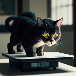 Make a picture of a very angry cat weighing itself on a scale.