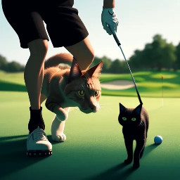 Make me a dog and cat playing golf. Photorealistic.