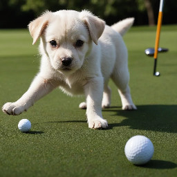 Make me a dog and cat playing golf. Photorealistic.