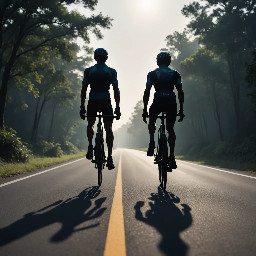 Flat vector illustration of a straight road/track stretching into the distance for a VR headeset effect, minimal style, simple color palette, no people, game HUD background style. Two avatar cyclers on the track: "You" avatar (front-facing simple cycler silhouette, positioned center-lower on the road) "Ghost (Your Best)" avatar — a semi-transparent/outlined cycler silhouette slightly ahead, labeled "Ghost — Your Best Time". horizontal image