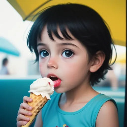 una nena andando en bico y comiendo una helado. estilo animado para niños fondo blanco