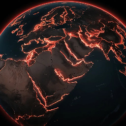 World map glowing red around Middle East, oil routes highlighted, war icons, dark background, futuristic UI style, geopolitical tension concept, clean and modern design