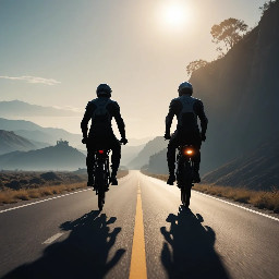 Flat vector illustration of a straight road/track stretching into the distance, minimal style, simple color palette, no people, game HUD background style. Two avatar riders on the track: "You" avatar (front-facing simple rider silhouette, positioned center-lower on the road) "Ghost (Your Best)" avatar — a semi-transparent/outlined rider silhouette slightly ahead, labeled "Ghost — Your Best Time". horizontal image